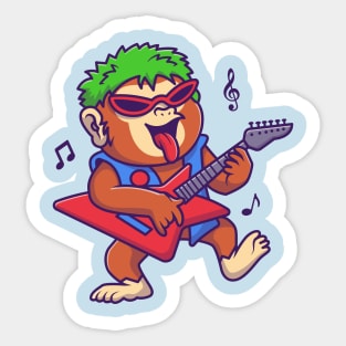 Cute Monkey Rocker Playing Guitar Music Cartoon Sticker